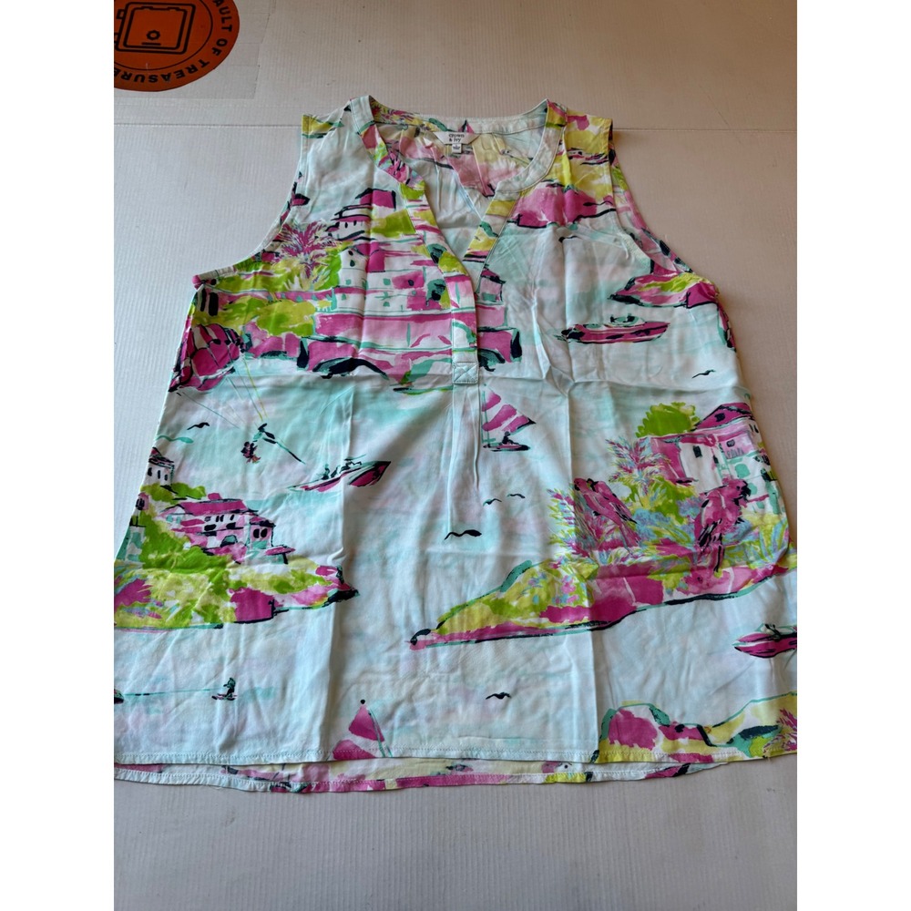 Crown & Ivy Womens Tropical Harbor Print Sleeveless Rayon Blouse Pink Green L